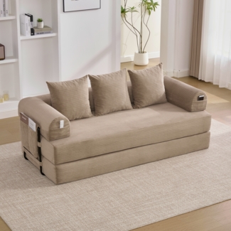 Flieks 2-Sitzer Sofa, Schlafsofa Zusammenlegbares Kompressionssofa mit robustem Metallrahmen, Seitentaschen plus 3 Kissen, Khaki