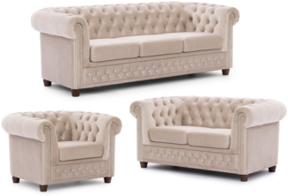 S-Style Möbel Polstergarnitur Chesterfield 3+2+1 Cleo Blink aus Samt mit Kristallsteppung, (1x3-Sitzer-Sofa, 1x2-Sitzer-Sofa, 1x Sessel), mit Wellenfederung