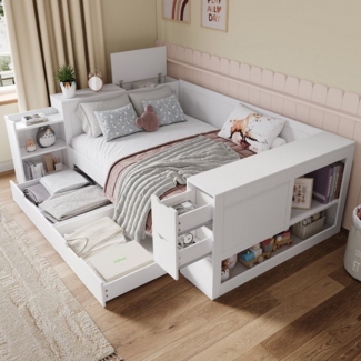 HAUSS SPOLE Holzbett 140x200cm Daybed mit Schubladen, Regalen und Stauraum, Nachttisch weiß (Daybett, Doppelbett, 1-tlg, 140 x 200 cm, ohne Matratze), mit Schubladen, Regalen und Nachttisch