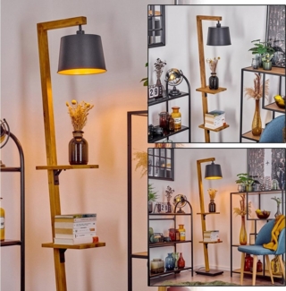 hofstein Stehlampe moderne Stehlampe aus Metall/Holz in Schwarz/Natur/Goldfarben, ohne Leuchtmittel, verstellbarer Schirm, Fußschalter, Ablageflächen, Höhe 164cm, 1x E27