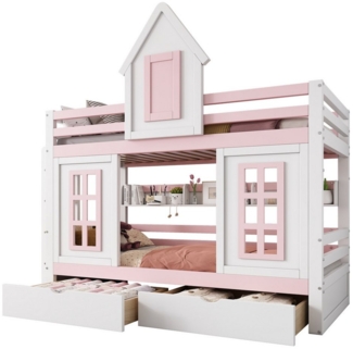 TavilaEcon Etagenbett Kinderbett, 90×200 cm, Weiß+Rosa, mit Dach, Fenster, Leiter, Sturzbügel, 2 Schubladen auf Rollen