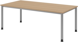 bümö höhenverstellbarer Schreibtisch H-Serie 200x100 cm in Eiche, Gestell in Silber - großer PC Tisch für's Büro manuell höhenverstellbar, Computertisch verstellbar, HS-2E-E