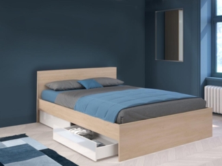 Vente-unique - Bett mit 2 Schubladen 160 x 200 cm - Holzfarben & glänzend weiß - VELONA