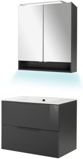 Fackelmann LUNA Badmöbel Set 4-teilig, 80 cm breit, Anthrazit, Keramik, LED Spiegelschrank