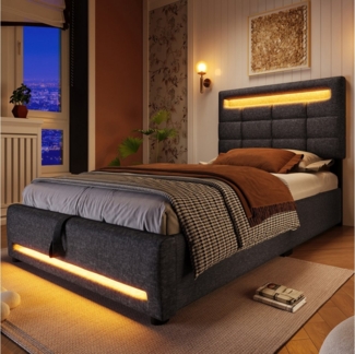 Ulife Polsterbett Einzelbett Stauraumbett Kinderbett Gästebett mit LED-Licht (Ohne Matratze), APP-Fernbedienung, hydraulische Lagerung, 90x200 cm