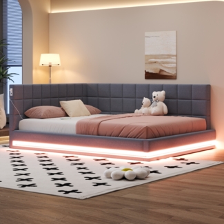 Merax Daybett Doppelbett Polsterbett 160x200cm mit USB & LED, Tagesbett Schlafsofa mit Lattenrost, Gästebett Funktionsbett, Samt, Grau