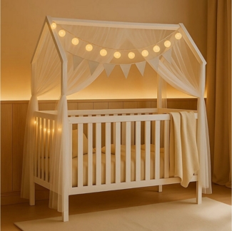 Alavya Home® Komplettbett ELLA 60x120 cm SET mit Deko & Lichterkette aus Massivholz Kiefer Weiß, Höhenverstellbar im Hausdesign mit Schlupfsprossen optionaler Matratze