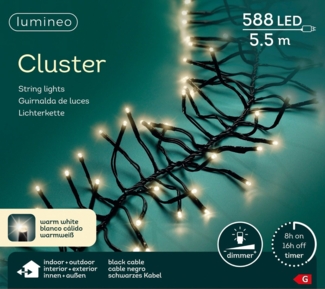 Lumineo LED-Lichterkette Lumineo Lichterkette Cluster 588 LED 5,5 m warm weiß, schwarzes Kabel, Dimmbar, Timer, Indoor, Outdoor