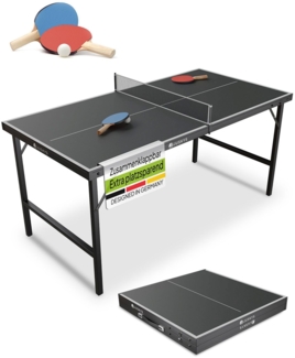 Juskys 'Flexi' Mini Tischtennisplatte mit Zubehör, klappbar, Holz / Metall schwarz, 71 x 152 x 71 cm