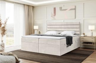 MEBLINI Boxspringbett KARIM 160x220 cm mit Bettkasten - H3/Beige Samt Polsterbett - Doppelbett mit Topper & Taschenfederkern-Matratze