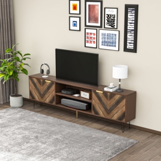 Elegantes TV-Lowboard aus Holz mit goldenen Griffen und stabilen Eisenfüßen – 155 x 38 x 48 cm, Naturfarbe