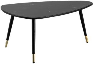 Couchtisch 90 x 60 x 41 cm mit Marmor Optik Schwarz, Dreibein Wohnzimmertisch mit Metall-Gestell, Sofatisch Dreieckig Tisch Wohnzimmer, Beistelltisch