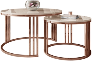 Lookway Couchtisch LORI 2in1 Couchtisch-Set in Hochglanz mit Kupfergestell (2er Set), Durchmesser: ⌀70 cm und ⌀50 cm