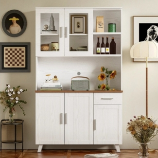 autolock Küchenbuffet Hochschrank Küchenschrank Vitrine Sideboard mit Holzmaserung (114 x 40 x 190 cm) Buffetschrank für Wohnzimmer, Küche & Esszimmer