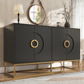 Merax Sideboard Esszimmerschrank (140×40×83cm), Esszimmer-Wohnzimmer-Aufbewahrungsschrank, freistehender Schrank, Rundzugring Schranktür, Schwarz