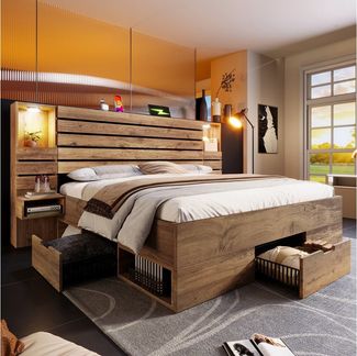MODFU Holzbett Funktionsbett mit umfassendem Stauraum-System, mitLED-Beleuchtung, (Doppelbett, Funktionsbett, 1-tlg, mit USB-/Type-C-Anschlüssen & offenen Kopfbrett-Regalen,180x200 cm), mit 4 Seitenfächern, 3 Schubladen & Nachttischen. ohne Matratze