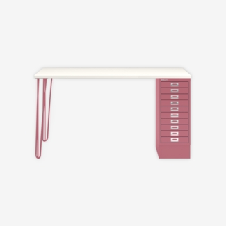 MultiDesk, 2 Eichenfüße, 1 MultiDrawer mit 10 Schüben, Dekor Weiß, Farbe Pink, Maße: H 740 x B 1400 x T 600 mm