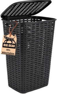 BigDean Wäschekorb mit Deckel anthrazit/bräunlich in Rattanoptik XL mit 2 Griffen Wäschetonne Plastik