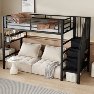 Ulife Hochbett Kinderbett Jugendbett, Einlegeböden, Stauraumleiter, 90x200cm (Ohne Matratze) Freiraum unter dem Bett zum Verkleiden