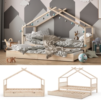 VITALISPA Kinderbett DESIGN Hausbett Gästebett Lattenrost Natur 90x200 Schublade
