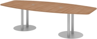bümö Konferenztisch oval 280x130 cm großer Besprechungstisch in Nussbaum, Besprechungstisch mit Säule in silber, Meetingtisch für 10 Personen, XXL-Tisch für Besprechungsraum & Meeting, KT28S-N-S