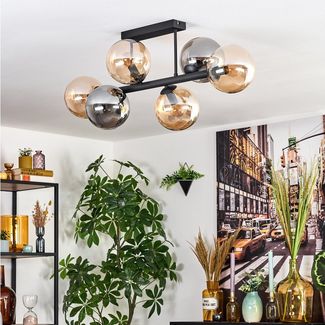 hofstein Deckenleuchte 6-flammige Deckenlampe aus Metall/Glas in Schwarz/Bernstein/Rauch, ohne Leuchtmittel, im Retro/Vintage-Design (Schirme Ø 15 cm), E14