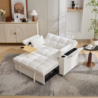Merax Schlafsofa 3-in-1 Loungesofa faltbar Sofa mit USB & verstecktem Tisch, 1 Teile, 2-Sitzer Sofa mit verstellbarer Rückenlehne, Getränkehalter & Rollen