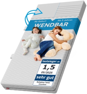 Bellabino 'Twist' Baby- und Kindermatratze 120x200 cm, Höhe 15 cm, Härtegrad H1/H2, wendbare 7-Zonen Kaltschaummatratze, abnehmbarer Bezug, Matratze für Kinder ab Geburt bis 13 Jahren