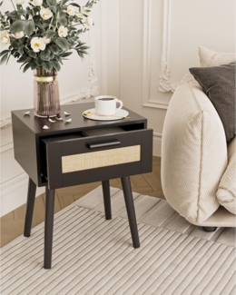 Nachttisch Rattan Beistelltisch Schublade Holz Beine Natur Eiche Schwarz