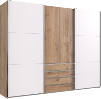 Schwebetürenschrank >MAGIC< in PLANKENEICHE + WEISS - 300x236x65cm (BxHxT)