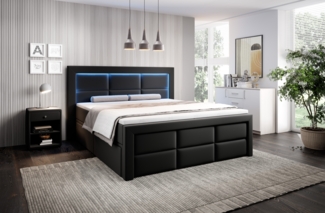 Aspen Boxspringbett mit Schubladen, LED-Beleuchtung, Kunstleder, 180x200 cm, Matratze H3/H4, Schwarz