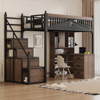 HAUSS SPOLE Hochbett 90x200cm, Metall-Sicherheitszaun, Sicherheitsleiter mit Spind, Schwarz (Metall-Hochbett, mit Stauraum, Sicherheitszaun und Fensterdesign, 90 x 200cm) ohne Matratze