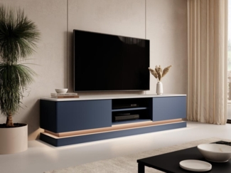 Vente-unique - TV-Möbel mit 2 Schubladen & 2 Ablagefächer + LED-Beleuchtung - MDF - Blau & Marmor-Optik Weiß - DEVIKA von Pascal MORABITO