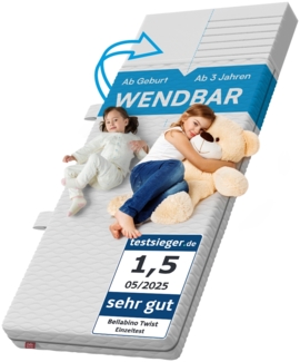 Bellabino 'Twist' Baby- und Kindermatratze 90x200 cm, Höhe 15 cm, Härtegrad H1/H2, wendbare 7-Zonen Kaltschaummatratze, abnehmbarer Bezug, Matratze für Kinder ab Geburt bis 13 Jahren