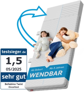 Bellabino 'Twist' Baby- und Kindermatratze 90x200 cm, Höhe 15 cm, Härtegrad H1/H2, wendbare 7-Zonen Kaltschaummatratze, abnehmbarer Bezug, Matratze für Kinder ab Geburt bis 13 Jahren