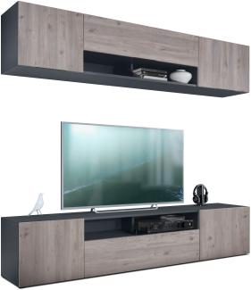 Wohnwand Mogan mit zwei 181 x 39 x 35 cm Elementen, hängende Wohnzimmer Anbauwand mit 12 Fächern, Korpus in Anthrazit matt, Fronten in Eiche Nordic