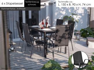 Gartenmöbel Set Alu Tisch 7-tlg. 6x Stapelsessel Essgruppe Gartengruppe Gartenset Sitzgruppe Schwarz