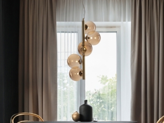 Pendelleuchte HONEY 5-flammig Gold-Glaskugeln Bernsteinfarbig, Höhe 183cm