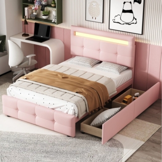 BlingBin Polsterbett Einzelbett Funktionsbett Kinderbett Jugendbett, 90x200 cm (1er Set, 1-tlg, mit LED-Leuchten, 2 Schubladen), hautfreundlicher Leinenpolsterung flach Bettrahmen Gästebett