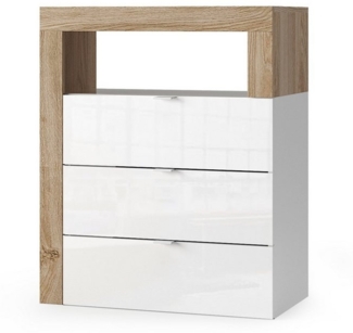 MCA furniture Badkommode 3 Schübe, FSC, in Weiß hochglanz / Eiche-Cadiz Dekor - 64x78x35 (BxHxT