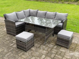 Fimous Hoher Rücken Dunkelgrau gemischt Rattan Ecksofa Set Gartenmöbel Rechteckiger Esstisch 2 kleine Fußhockern 8 Sitzer