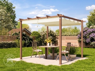 PRIMEYARD Pergola 3x3 m Terrassenüberdachung mit Schiebedach Stahlrahmen in Holzoptik