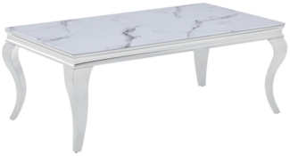 HOOZ Couchtisch Couchtisch 115x65cm Chrom & Glas - Marmor-Optik weiß (Wohnzimmertisch, mit Montageanleitung), mit dezentem Facettenschliff