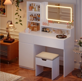HOMALL Schminktisch Mit integrierten LED-Leuchten, einstellbare Helligkeit und Temperatur (Produktabmessungen: 90 × 40 × 135 cm Mit 5 offenen Ablagefächern + 2 Schubladen + 1 doppelstöckigem Schrank)