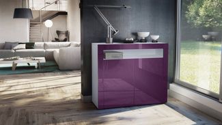 Vladon Kommode Valencia, Sideboard mit 2 Türen und 1 offenem Fach, Weiß matt/Brombeer Hochglanz/Brombeer Hochglanz (108 x 92 x 40 cm)