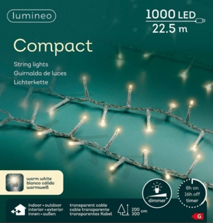 Lumineo LED-Lichterkette Lumineo Lichterkette COMPACT 1000 LED 22,5 m warm weiß, transp. Kabel, Indoor/Outdoor, dimmbar, 8h-Timer, 5 m Zuleitung