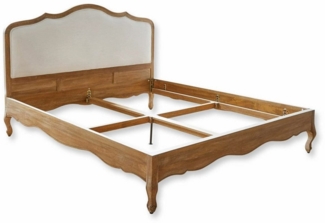 Mirabeau Bett romantisches Bettgestell Serravalle aus Mangoholz mit Kopfteil (handgeschnitzt, edles Mangoholz, Leinenpolster am Kopfteil), Holzbett, vintage, Leinenkopfteil, B 192cm, H 126cm, T 215cm