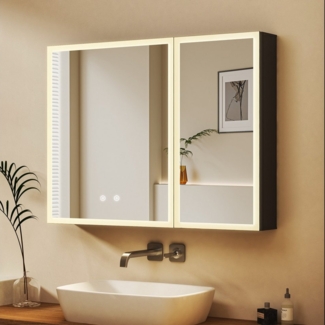WDWRITTI Badezimmerspiegelschrank mit Beleuchtung 80 x 60 cm, Spiegelschrank Schwarz mit touch, 2 türen (Alu-Schranktür, Doppelseitiger Spiegel, 3Lichtmodi, Dimmbar, Anti-fog, Memory) mit Netzadapter, Verstellbare Glasböden