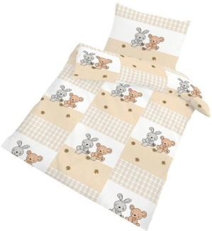 DOBNIG Babybettwäsche Biber Kinderbettwäsche 2tlg. 100x135 cm Hase und Bär kariert beige, Biber, 2 teilig, Niedliches Karo-Design mit Hase und Bär für gemütliche Kinderträume