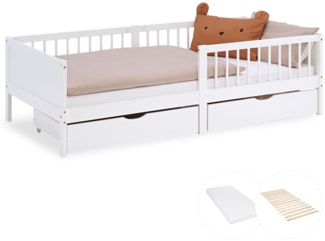 Kinderbett 90x200 cm mit Matratze 2 Bettkästen Rausfallschutz Weiß Holzbett Einzelbett Gitterbett Holzbettrahmen